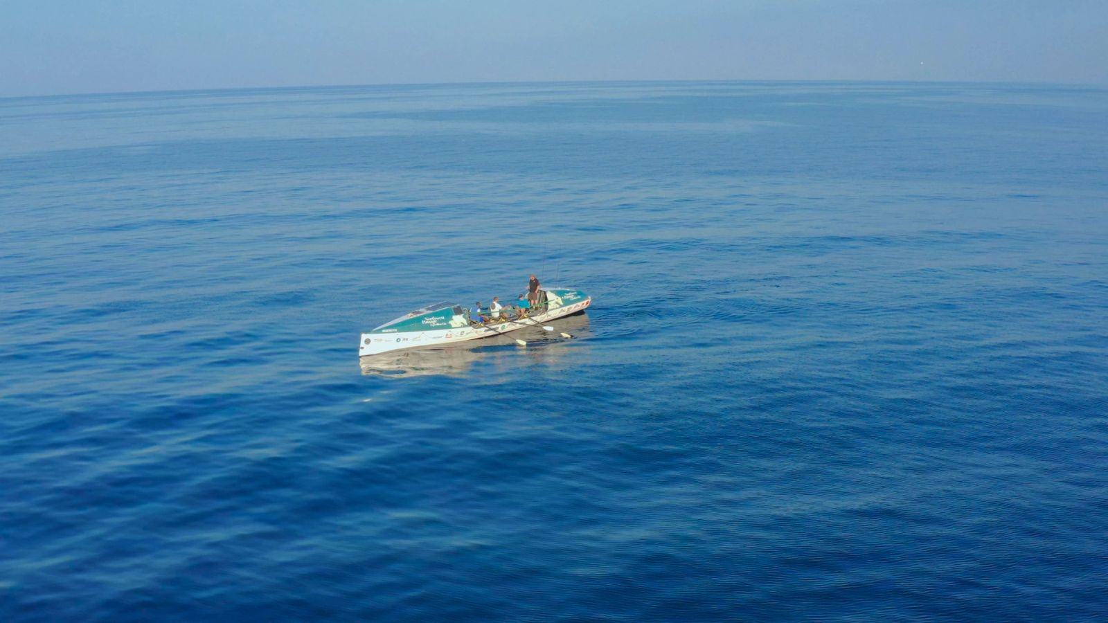 Aerial view of Mark Agnew's rowing boat at sea off the east coast of the UK